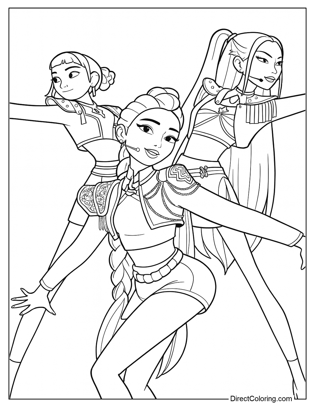 Rumi, Zoey, and Mira Performing Coloring Page